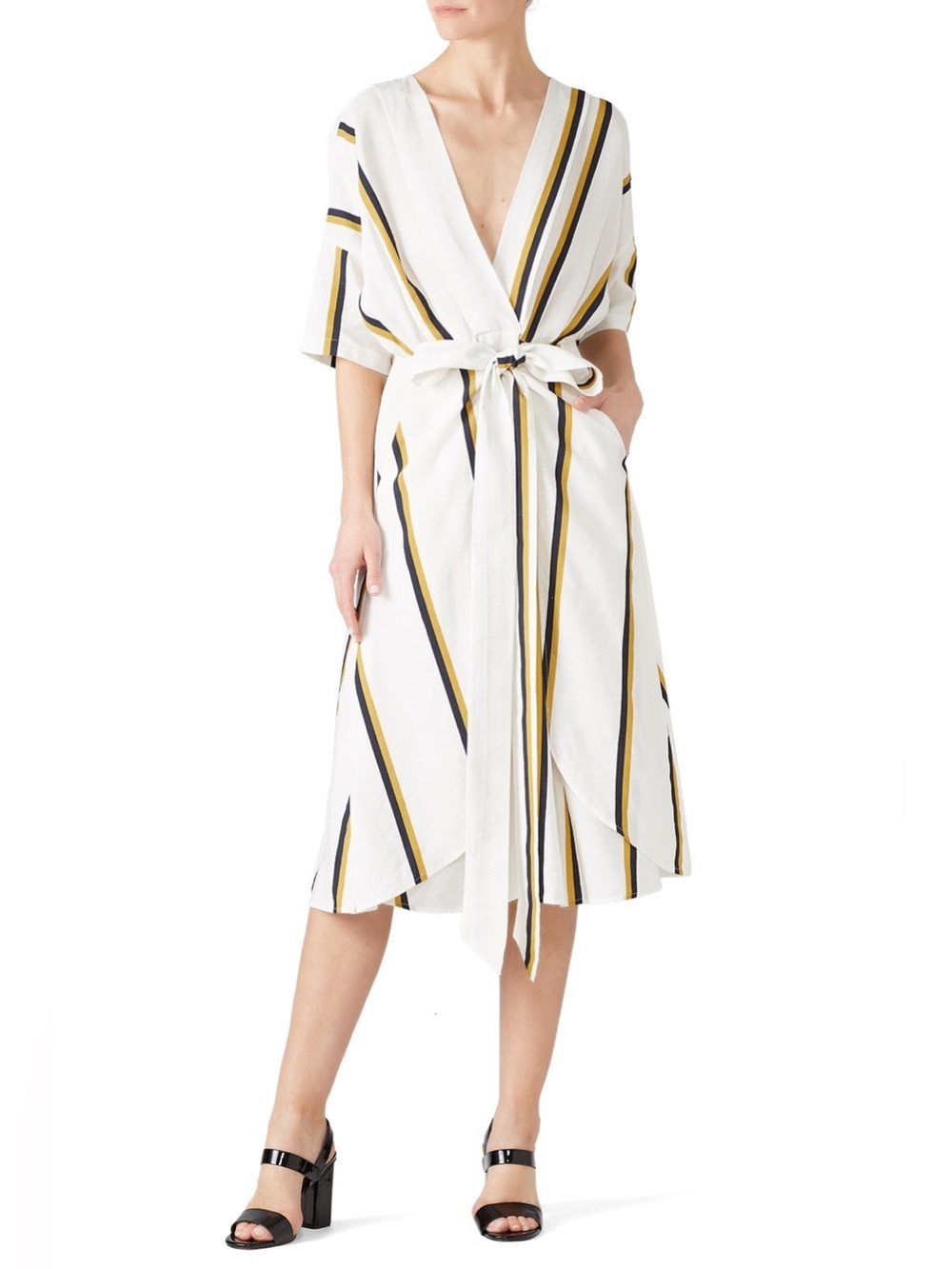 Sancia Anika Striped White Midi Dress Navy & Mustard Tie Waist XS Linen Blend
